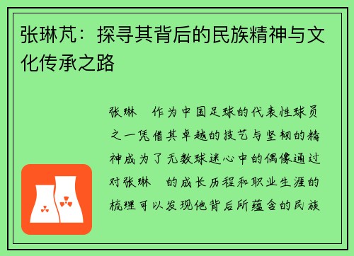 张琳芃:探寻其背后的民族精神与文化传承之路 张琳芃:探寻其背后的民族精神与文化传承之路