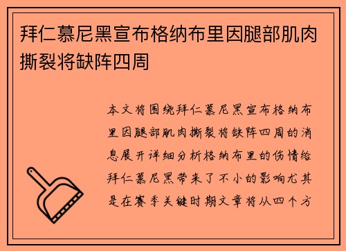 拜仁慕尼黑宣布格纳布里因腿部肌肉撕裂将缺阵四周 