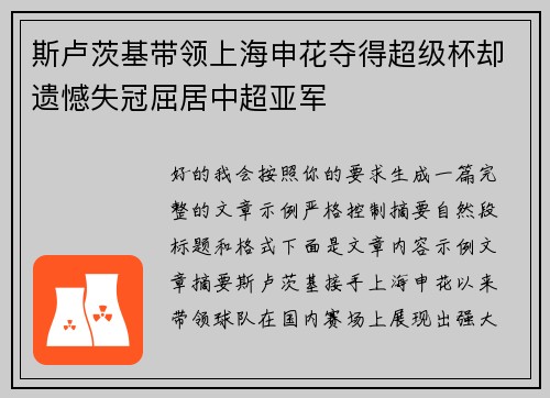 斯卢茨基带领上海申花夺得超级杯却遗憾失冠屈居中超亚军