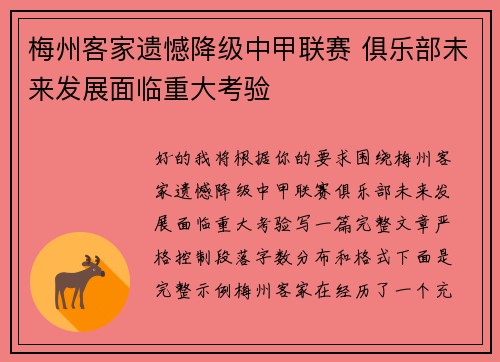梅州客家遗憾降级中甲联赛 俱乐部未来发展面临重大考验
