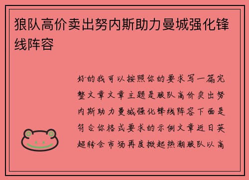 狼队高价卖出努内斯助力曼城强化锋线阵容