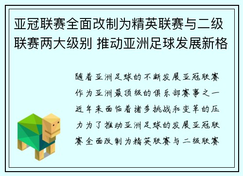 亚冠联赛全面改制为精英联赛与二级联赛两大级别 推动亚洲足球发展新格局 亚冠联赛全面改制为精英联赛与二级联赛两大级别 推动亚洲足球发展新格局